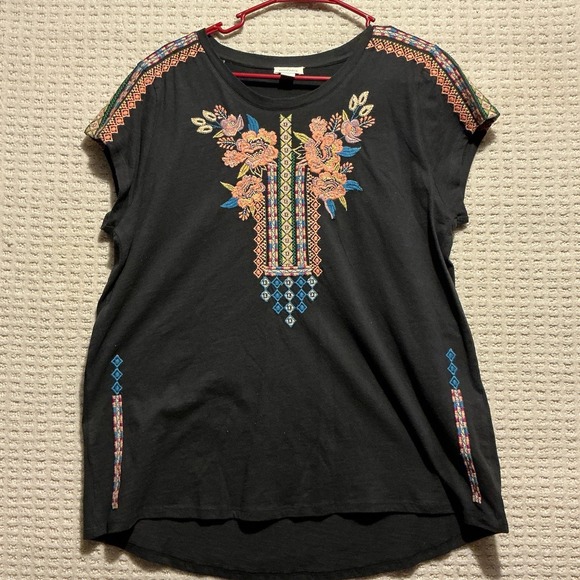 Sundance Women's Knit Top Shirt Black Embroidered Aztec Southwest Inspired L - Picture 2 of 5